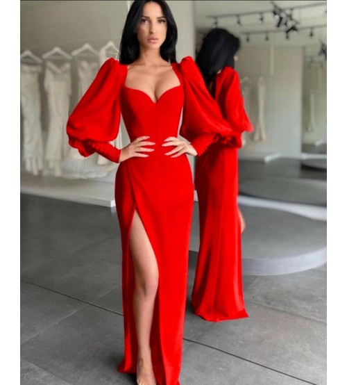 Harper Balon Kollu Yırtmaç Detaylı Abiye Elbise Kırmızı (0223)