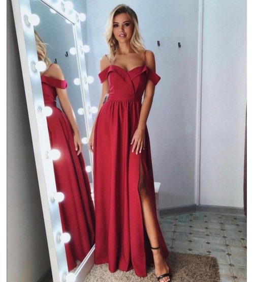 Barbara Askılı Düşük Kol Model Kırmızı Abiye Elbise(0230)