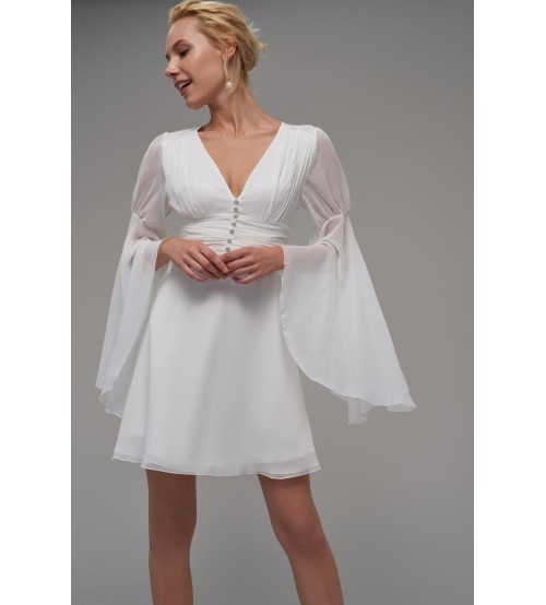 Lareina İspanyol Kol Tül Detay Mini Mezuniyet Elbise (Beyaz) (0207)