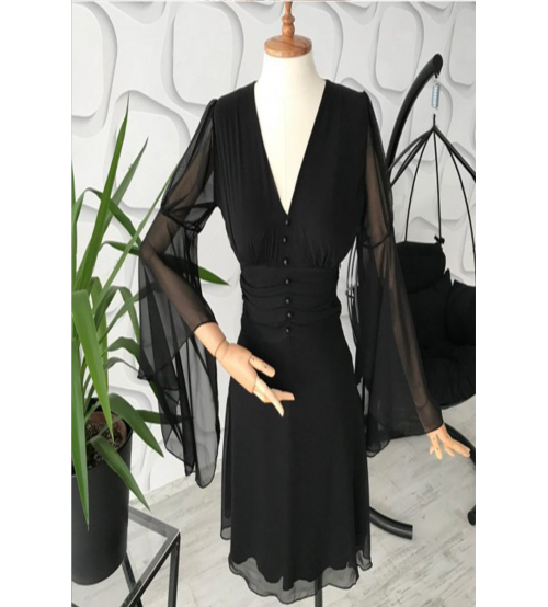 Lareina İspanyol Kol Tül Detay Mini Mezuniyet Elbise (Siyah) (0207)
