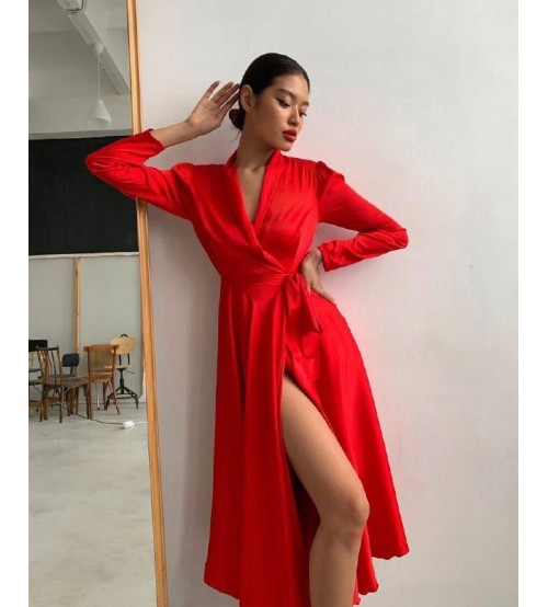 Danilo Saten Kemerli Elbise Kırmızı(0235)