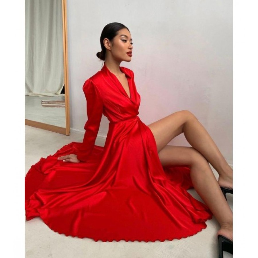 Danilo Saten Kemerli Elbise Kırmızı0235