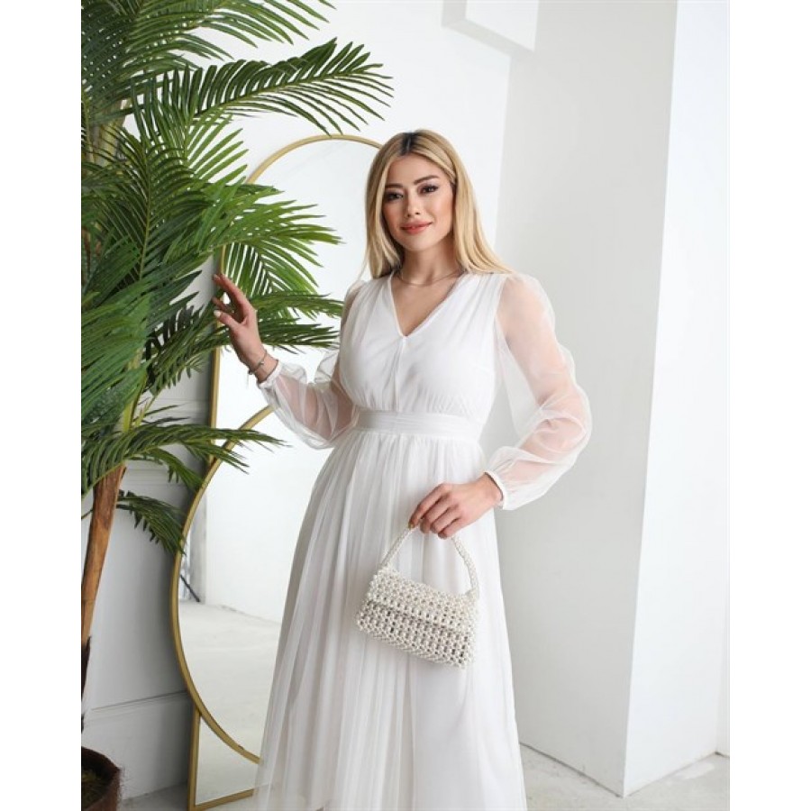 Cybill V Yaka Tül Elbise Beyaz0163