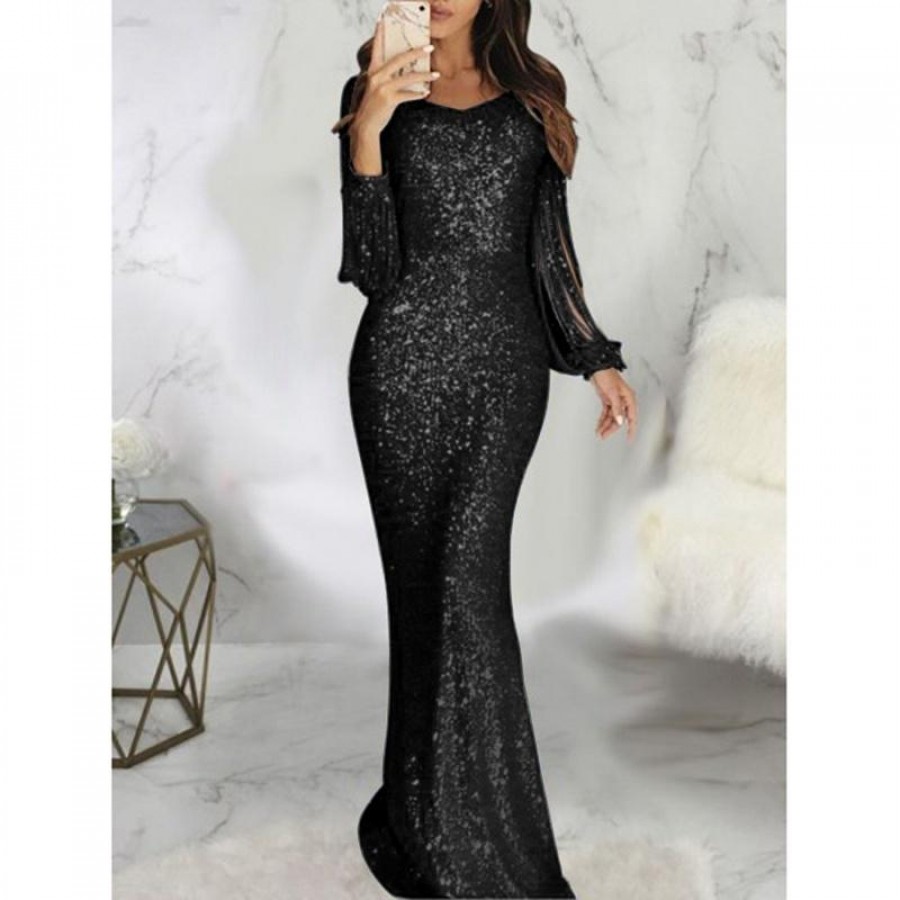 Püsküllü Uzun Kollu Parti Havası Zemin Boyu Payetli Elbise Uzun İnce Elbise 0212