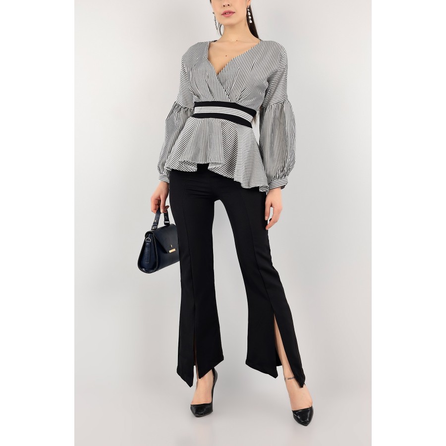 Jolie Siyah Beyaz Çizgili Kuşaklı Balon Kol Gömlek-Pantolon Bayan İkili Takım 0217