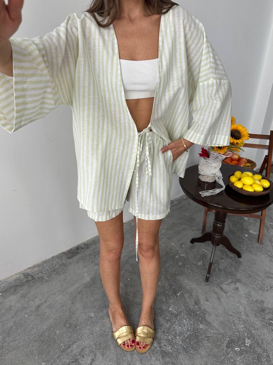 9698 Yeni Sezon Yüzde Yüz Keten Şort Gömlek Takim Fiya - Mirella (20250525_120404)