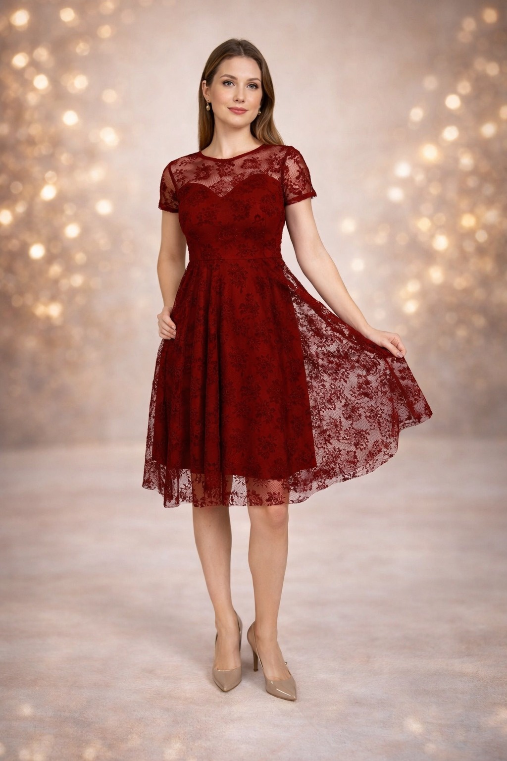 Denise Flok Baskı Midiboy Elbise 0096 Bordo