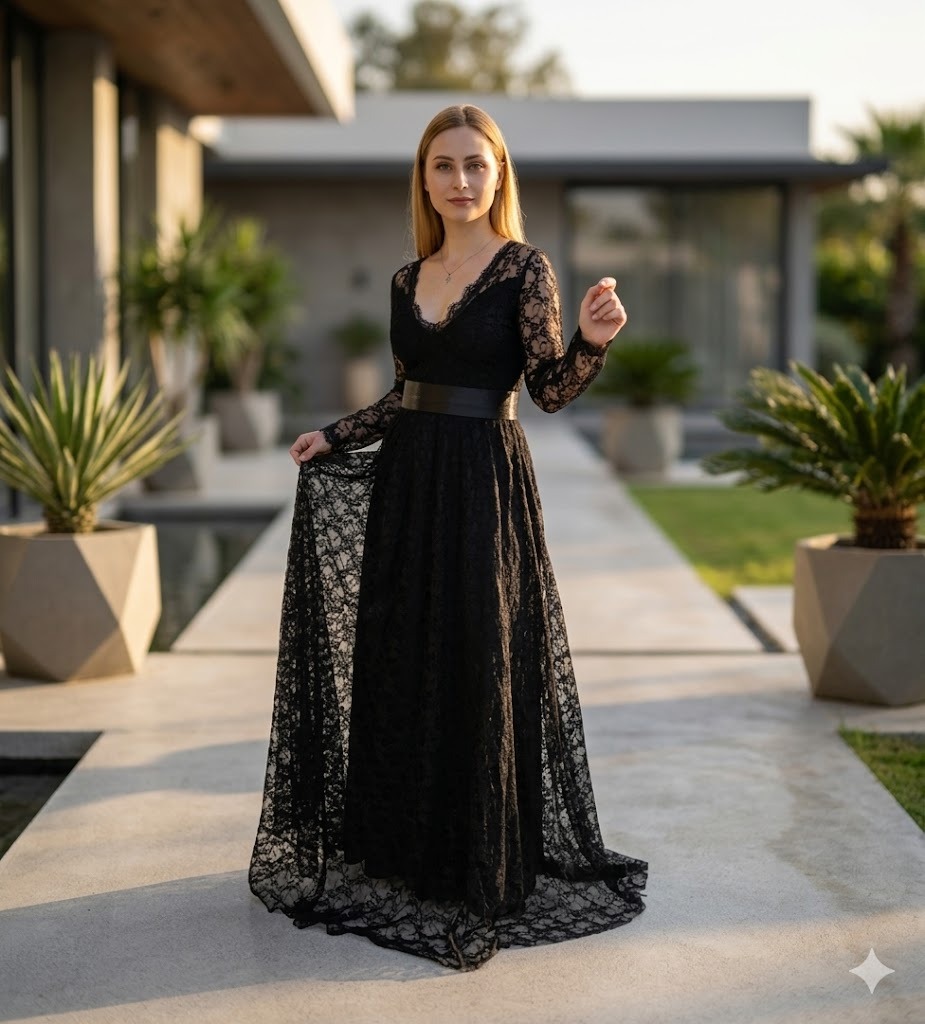 Yasmin Uzun Siyah Güpürlü Abiye Elbise 0107