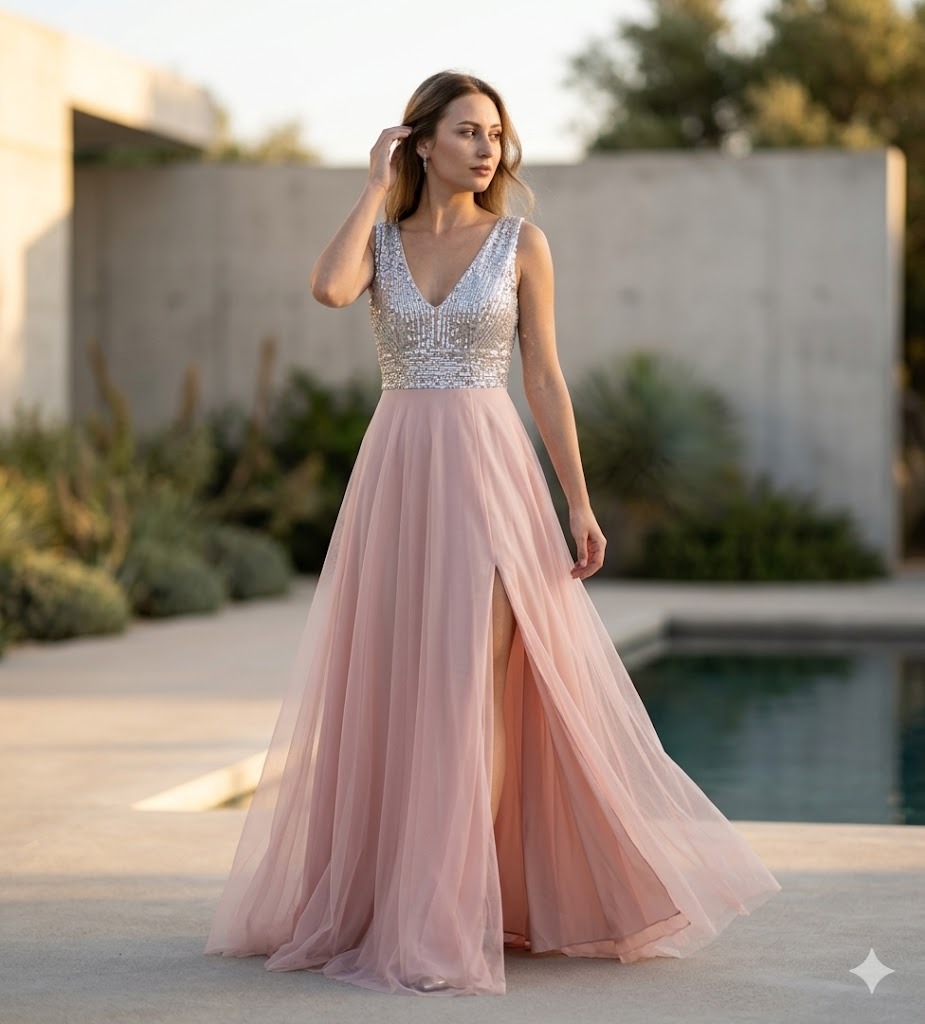 Gucia Sıra Payetli Astarlı Tül Pudra Etek Abiye Elbise 0179