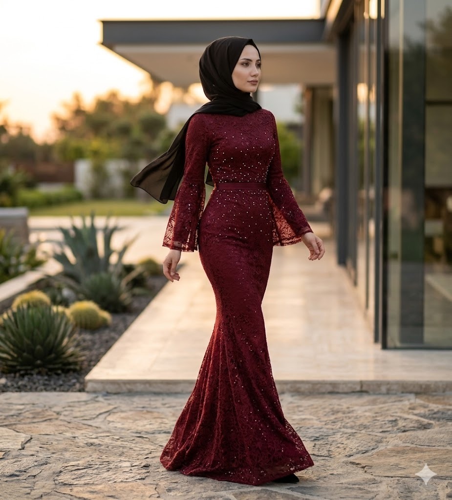 Delane Bordo Tül Detay İncili Tesettür Elbise 0191