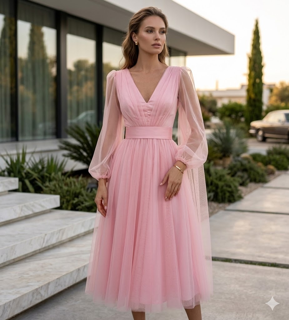 Francesca Midi Tül Elbise Pudra 0163