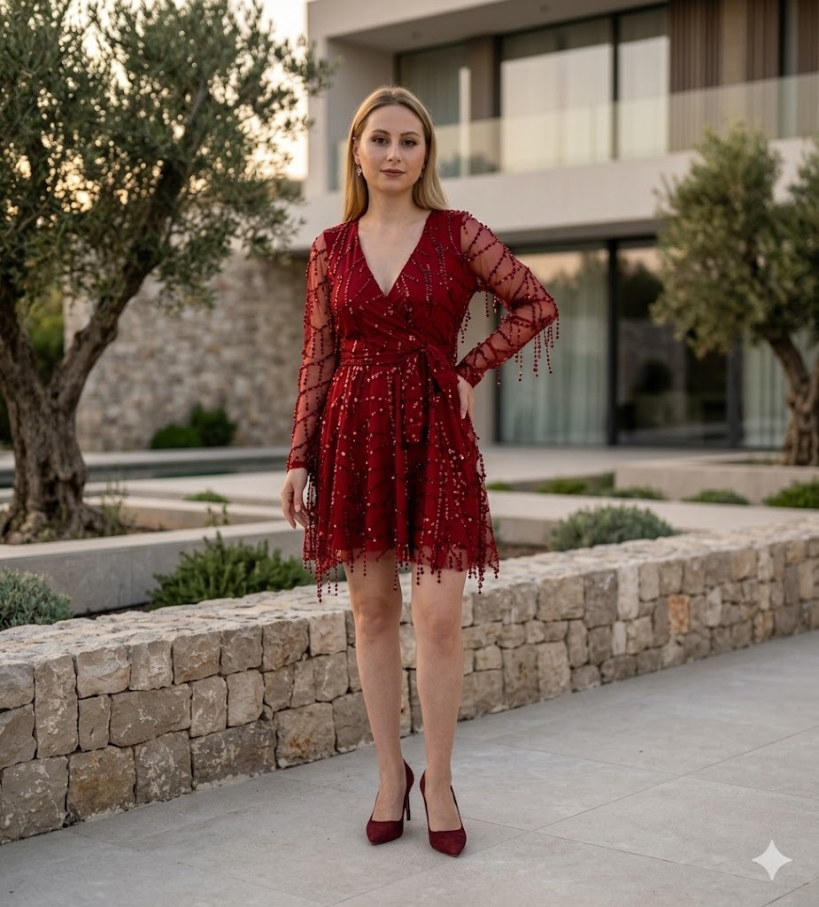 Alameda Payetli Tasarım Mini Mezuniyet Elbise BORDO 0127