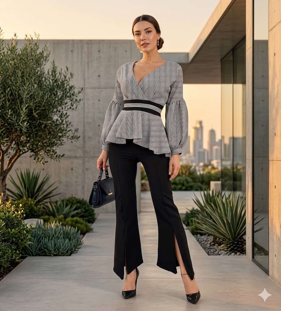 Jolie Siyah Beyaz Çizgili Kuşaklı Balon Kol Gömlek-Pantolon Bayan İkili Takım 0217