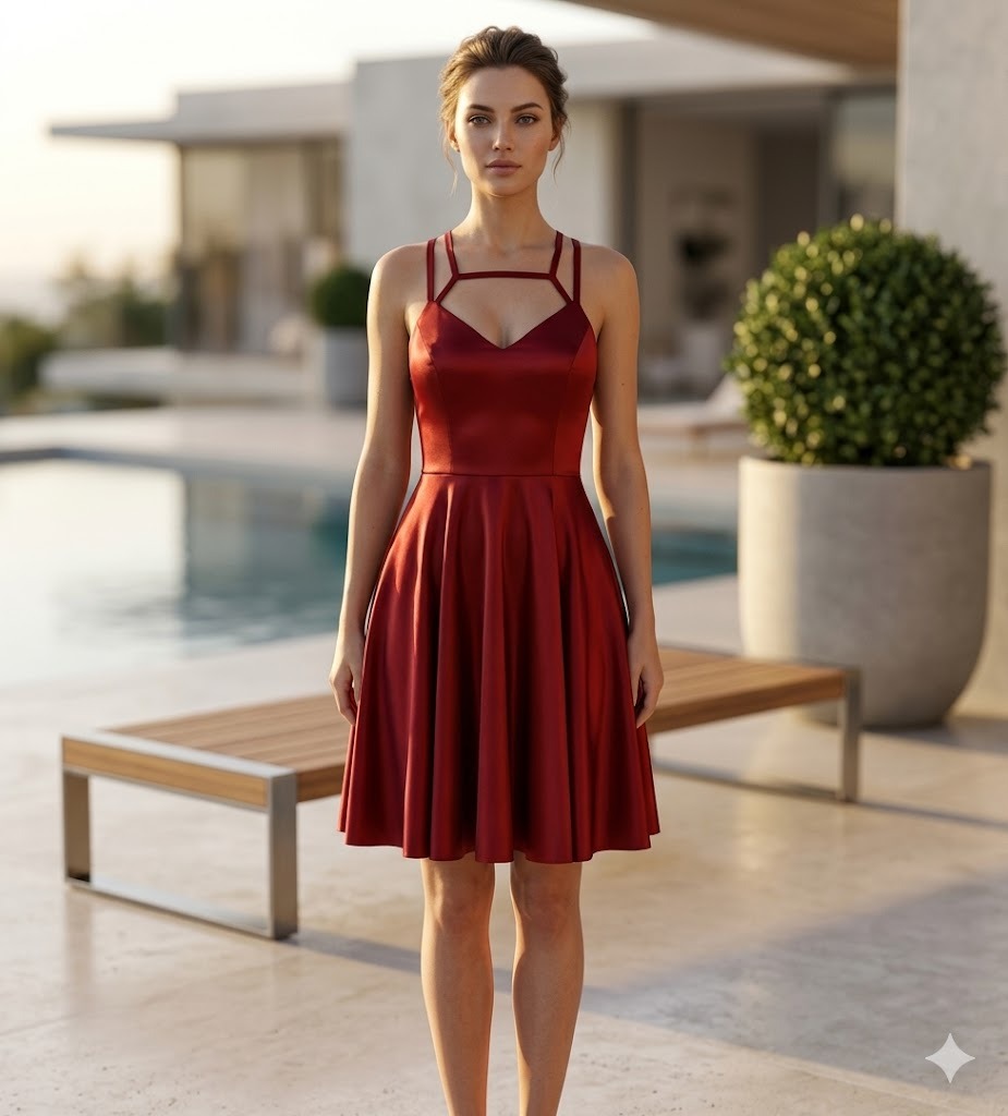 Ophel Sırt Detay Askılı Mini Bordo Elbise 0030