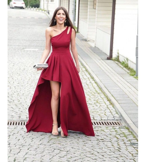 Chanler Tek Omuz Kuyruklu Elbise-BORDO 0158