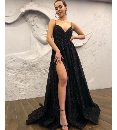 Amor Askılı Simli Abiye-SİYAH 0155