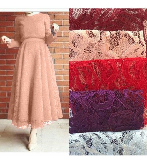 Amine Pileli Kuşaklı Kabartmalı Dantel Tesettür Abiye-PUDRA  0180